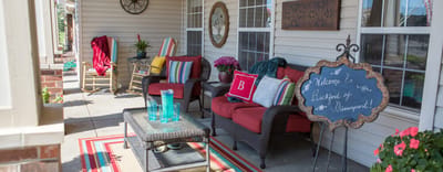 Cozy outdoor seating area with colorful cushions