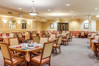 Dining room with neatly set tables and chairs