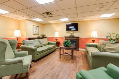 Cozy common area with green seating and a TV