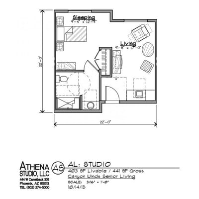 Architectural floor plan of a studio apartment