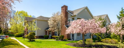 Exterior view of the facility with blooming trees