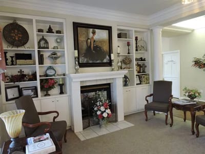 Interior common area with a decorative fireplace