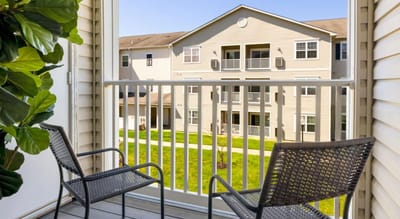 Balcony view of the facility building and grounds