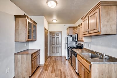 Modern kitchen with wooden cabinets and appliances