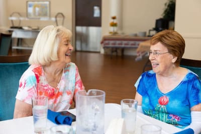 Two residents enjoying a conversation in the dining room