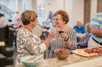 Two women toasting with drinks in a social setting