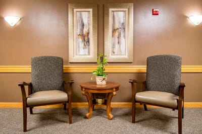 Seating area with two chairs and a plant