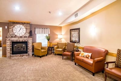 Cozy common area with seating and fireplace