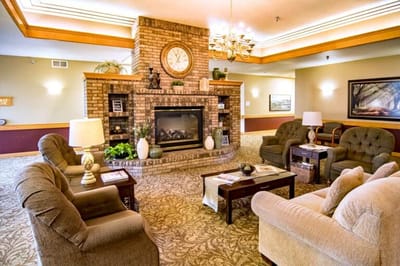 Cozy common area with seating and fireplace