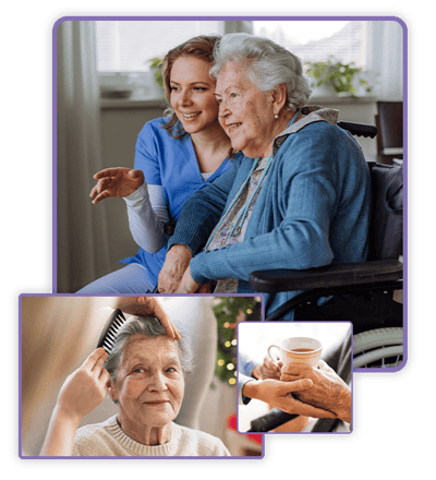 Resident receiving personal care from staff in a common area