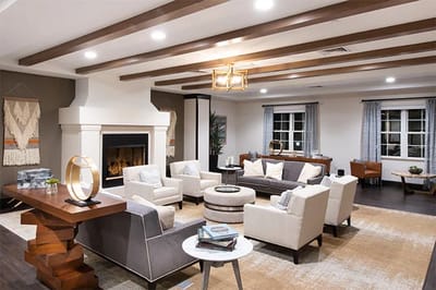 Cozy common area with modern furnishings and fireplace