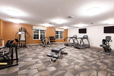 Empty gym with exercise equipment in a well-lit room