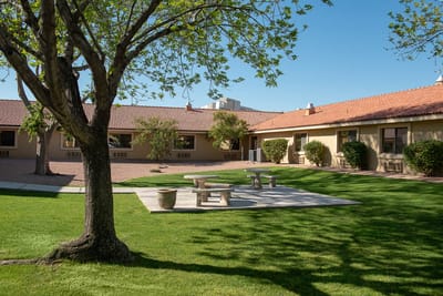 Outdoor area with tables and green lawn