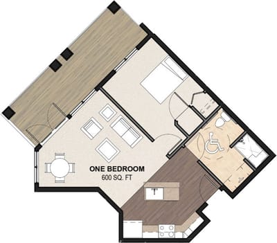 Architectural floor plan for a one-bedroom unit