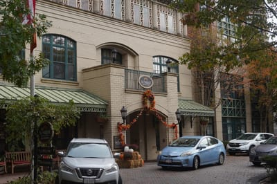 Exterior view of the facility decorated for fall