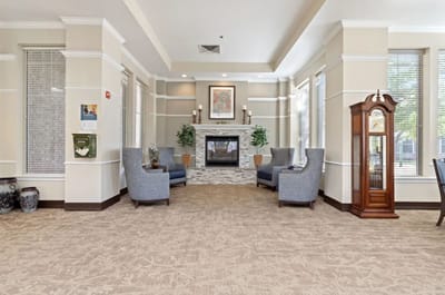 Common area with seating and a fireplace