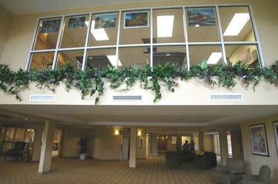 Interior view of a common area with seating and decor