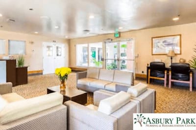 Bright and welcoming lobby area of a nursing home