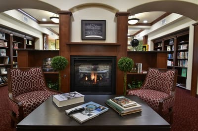 Cozy common area with a fireplace and bookshelves