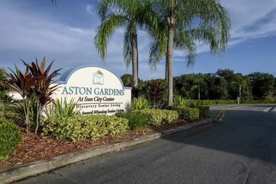 Entrance sign of Aston Gardens senior living facility