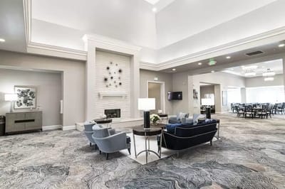 Bright and spacious common area with seating