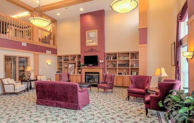 Cozy common area with seating and fireplace