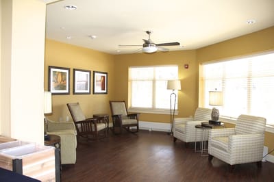 Brightly lit lounge area with seating