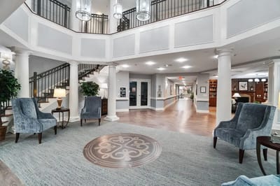 Elegant lobby area with seating and decorative elements