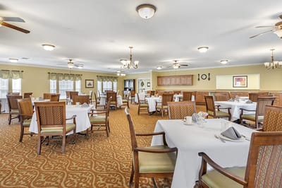 Dining room with neatly arranged tables and chairs