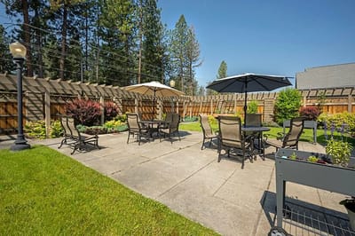 Outdoor seating area with umbrellas and landscaping