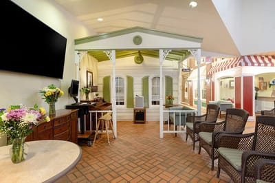 Bright common area with seating and decor