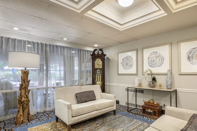 Interior lounge area with seating and decor