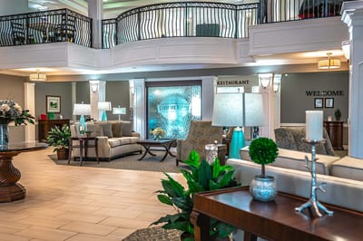 Bright lobby with seating and welcome area
