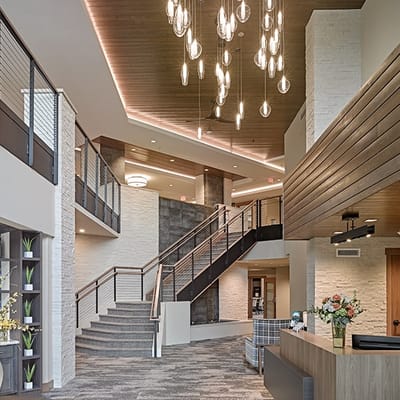 Bright lobby area with modern decor and lighting