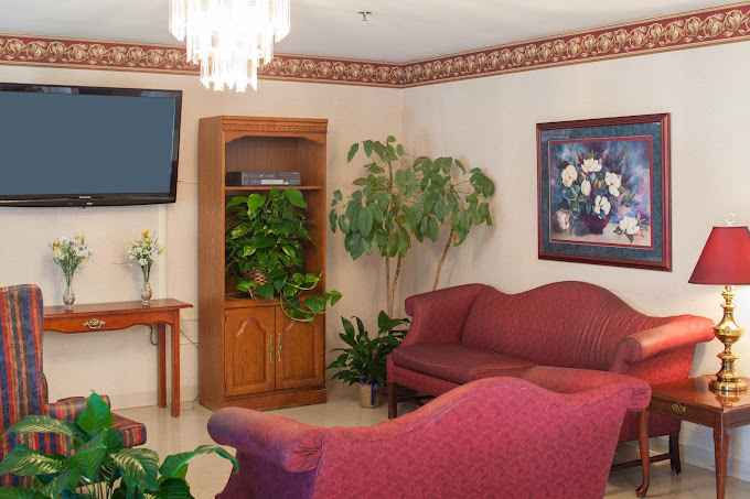 Bright common area with seating and plants