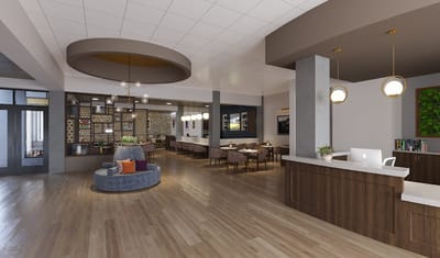 Modern common area with seating and dining space