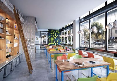 Bright interior of a modern dining area with colorful chairs