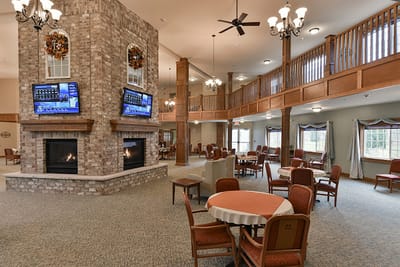 Interior view of the dining area and common space