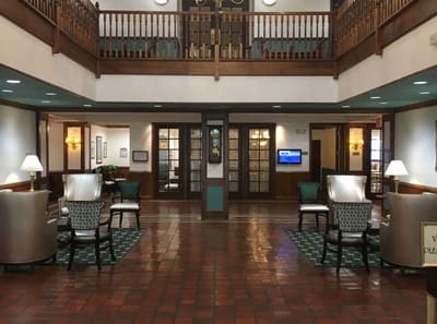 Interior view of a common area with seating