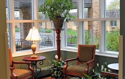 Bright indoor lounge area with plants and seating