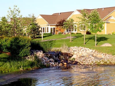 View of a tranquil outdoor space with a pond and greenery