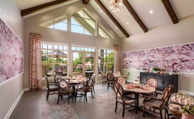 Bright interior of a common area with dining tables