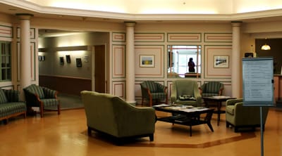 Interior view of a common area with seating