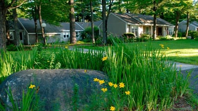 Well-maintained garden area with flowerbeds and walkways