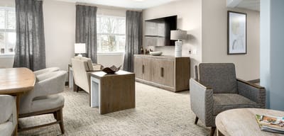 Bright common area with seating and decor