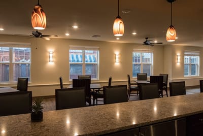Interior dining room with wooden tables and chairs