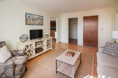 Interior view of a cozy living room with furnishings