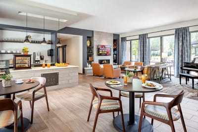 Interior view of a dining area with food and drinks