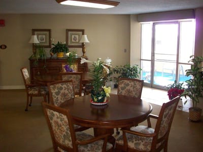 Cozy common area with floral decor and seating