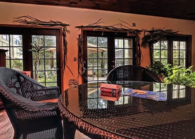 Indoor common area with seating and a view to outdoor space